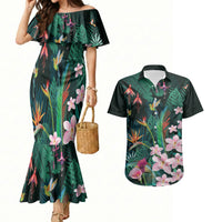 Hawaii Hummingbird Tropical Flowers Couples Matching Mermaid Dress and Hawaiian Shirt Dark Green