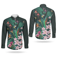 Hawaii Hummingbird Tropical Flowers Couples Matching Mermaid Dress and Long Sleeve Button Shirt Dark Green