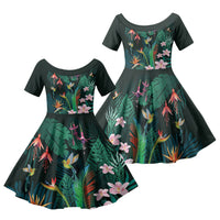 Hawaii Hummingbird Tropical Flowers Family Matching Long Sleeve Bodycon Dress and Hawaiian Shirt Dark Green LT01 Daughter's Dress Green - Polynesian Pride