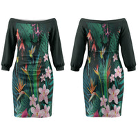 Hawaii Hummingbird Tropical Flowers Family Matching Off The Shoulder Long Sleeve Dress and Hawaiian Shirt Dark Green LT01 Mom's Dress Green - Polynesian Pride