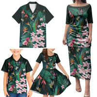 Hawaii Hummingbird Tropical Flowers Family Matching Puletasi and Hawaiian Shirt Dark Green LT01 - Polynesian Pride