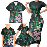 Hawaii Hummingbird Tropical Flowers Family Matching Short Sleeve Bodycon Dress and Hawaiian Shirt Dark Green LT01 - Polynesian Pride