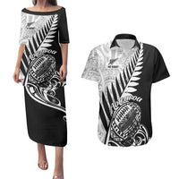 New Zealand Silver Fern Rugby Couples Matching Puletasi Dress and Hawaiian Shirt Aotearoa Maori Black Version LT01 Black - Polynesian Pride