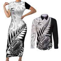 New Zealand Silver Fern Rugby Couples Matching Short Sleeve Bodycon Dress and Long Sleeve Button Shirts Aotearoa Maori Black Version LT01 Black - Polynesian Pride
