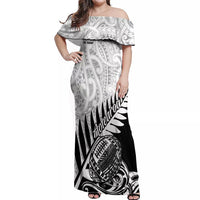 Custom New Zealand Silver Fern Rugby Off Shoulder Maxi Dress Aotearoa Maori Black Version LT01 Women Black - Polynesian Pride