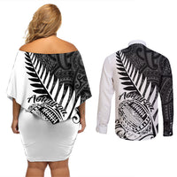 New Zealand Silver Fern Rugby Couples Matching Off Shoulder Short Dress and Long Sleeve Button Shirts Aotearoa Maori White Version LT01 - Polynesian Pride