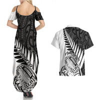 New Zealand Silver Fern Rugby Couples Matching Summer Maxi Dress and Hawaiian Shirt Aotearoa Maori White Version LT01 - Polynesian Pride