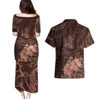 Bula Fiji Masi Couples Matching Puletasi Dress and Hawaiian Shirt Fijian Tapa Vintage Dark Brown Version LT01 - Polynesian Pride