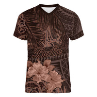 Bula Fiji Masi Women V Neck T Shirt Fijian Tapa Vintage Dark Brown Version LT01 Female Brown - Polynesian Pride