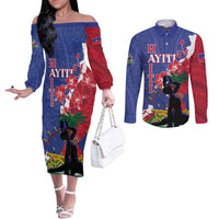 Personalised Haiti Le Marron Inconnu Couples Matching Off The Shoulder Long Sleeve Dress and Long Sleeve Button Shirt Dashiki Mix Polynesian Pattern LT01 Blue - Polynesian Pride