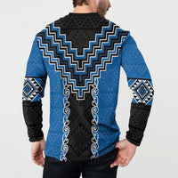 Blue Niho Taniwha Mix Poutama Button Sweatshirt Unique Taniko Aotearoa