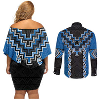 Blue Niho Taniwha Mix Poutama Couples Matching Off Shoulder Short Dress and Long Sleeve Button Shirt Unique Taniko Aotearoa