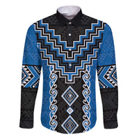 Blue Niho Taniwha Mix Poutama Family Matching Off The Shoulder Long Sleeve Dress and Hawaiian Shirt Unique Taniko Aotearoa