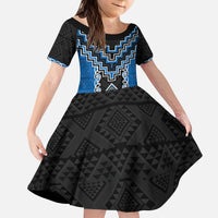 Blue Niho Taniwha Mix Poutama Kid Short Sleeve Dress Unique Taniko Aotearoa