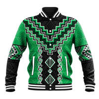 Green Niho Taniwha Mix Poutama Baseball Jacket Unique Taniko Aotearoa