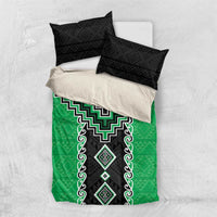 Green Niho Taniwha Mix Poutama Bedding Set Unique Taniko Aotearoa