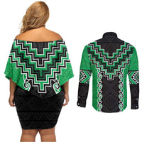 Green Niho Taniwha Mix Poutama Couples Matching Off Shoulder Short Dress and Long Sleeve Button Shirt Unique Taniko Aotearoa