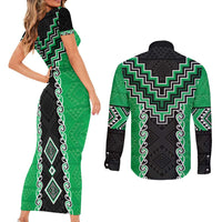 Green Niho Taniwha Mix Poutama Couples Matching Short Sleeve Bodycon Dress and Long Sleeve Button Shirt Unique Taniko Aotearoa
