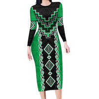 Green Niho Taniwha Mix Poutama Long Sleeve Bodycon Dress Unique Taniko Aotearoa