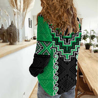 Green Niho Taniwha Mix Poutama Women Casual Shirt Unique Taniko Aotearoa