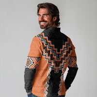 Orange Niho Taniwha Mix Poutama Long Sleeve Polo Shirt Unique Taniko Aotearoa LT01 - Polynesian Pride