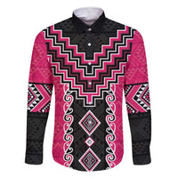 Pink Niho Taniwha Mix Poutama Family Matching Long Sleeve Bodycon Dress and Hawaiian Shirt Unique Taniko Aotearoa