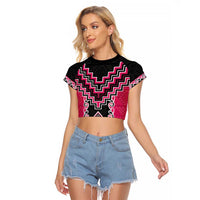 Pink Niho Taniwha Mix Poutama Raglan Cropped T Shirt Unique Taniko Aotearoa LT01 Female Pink - Polynesian Pride