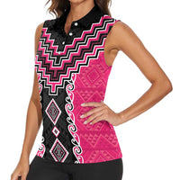 Pink Niho Taniwha Mix Poutama Women Sleeveless Polo Shirt Unique Taniko Aotearoa LT01 - Polynesian Pride