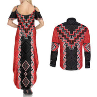 Red Niho Taniwha Mix Poutama Couples Matching Summer Maxi Dress and Long Sleeve Button Shirt Unique Taniko Aotearoa