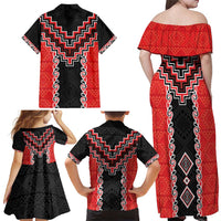 Red Niho Taniwha Mix Poutama Family Matching Off Shoulder Maxi Dress and Hawaiian Shirt Unique Taniko Aotearoa