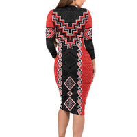Red Niho Taniwha Mix Poutama Long Sleeve Bodycon Dress Unique Taniko Aotearoa