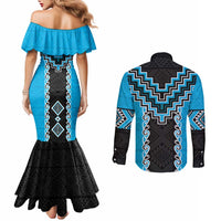 Sky Blue Niho Taniwha Mix Poutama Couples Matching Mermaid Dress and Long Sleeve Button Shirt Unique Taniko Aotearoa
