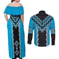 Sky Blue Niho Taniwha Mix Poutama Couples Matching Off Shoulder Maxi Dress and Long Sleeve Button Shirt Unique Taniko Aotearoa