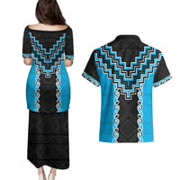 Sky Blue Niho Taniwha Mix Poutama Couples Matching Puletasi and Hawaiian Shirt Unique Taniko Aotearoa LT01 - Polynesian Pride