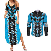 Sky Blue Niho Taniwha Mix Poutama Couples Matching Summer Maxi Dress and Long Sleeve Button Shirt Unique Taniko Aotearoa