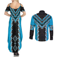 Sky Blue Niho Taniwha Mix Poutama Couples Matching Summer Maxi Dress and Long Sleeve Button Shirt Unique Taniko Aotearoa