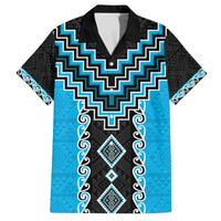 Sky Blue Niho Taniwha Mix Poutama Family Matching Off The Shoulder Long Sleeve Dress and Hawaiian Shirt Unique Taniko Aotearoa