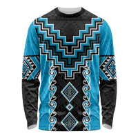 Sky Blue Niho Taniwha Mix Poutama Long Sleeve Shirt Unique Taniko Aotearoa