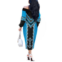 Sky Blue Niho Taniwha Mix Poutama Off The Shoulder Long Sleeve Dress Unique Taniko Aotearoa