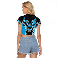 Sky Blue Niho Taniwha Mix Poutama Raglan Cropped T Shirt Unique Taniko Aotearoa LT01 - Polynesian Pride
