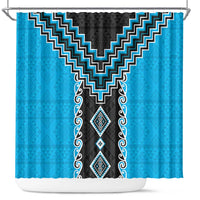 Sky Blue Niho Taniwha Mix Poutama Shower Curtain Unique Taniko Aotearoa