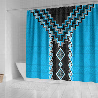 Sky Blue Niho Taniwha Mix Poutama Shower Curtain Unique Taniko Aotearoa