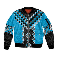 Sky Blue Niho Taniwha Mix Poutama Sleeve Zip Bomber Jacket Unique Taniko Aotearoa