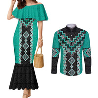 Teal Niho Taniwha Mix Poutama Couples Matching Mermaid Dress and Long Sleeve Button Shirt Unique Taniko Aotearoa