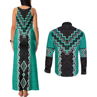 Teal Niho Taniwha Mix Poutama Couples Matching Tank Maxi Dress and Long Sleeve Button Shirt Unique Taniko Aotearoa