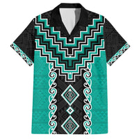 Teal Niho Taniwha Mix Poutama Family Matching Off The Shoulder Long Sleeve Dress and Hawaiian Shirt Unique Taniko Aotearoa