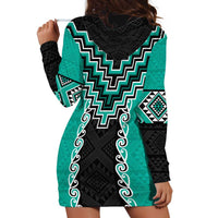 Teal Niho Taniwha Mix Poutama Hoodie Dress Unique Taniko Aotearoa