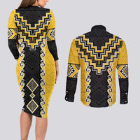 Yellow Niho Taniwha Mix Poutama Couples Matching Long Sleeve Bodycon Dress and Long Sleeve Button Shirt Unique Taniko Aotearoa