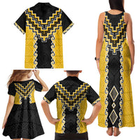 Yellow Niho Taniwha Mix Poutama Family Matching Tank Maxi Dress and Hawaiian Shirt Unique Taniko Aotearoa