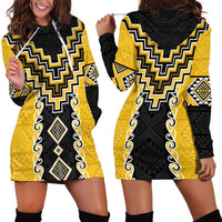 Yellow Niho Taniwha Mix Poutama Hoodie Dress Unique Taniko Aotearoa
